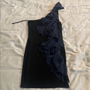 Alice + Olivia One-Shoulder Black and Navy Dress